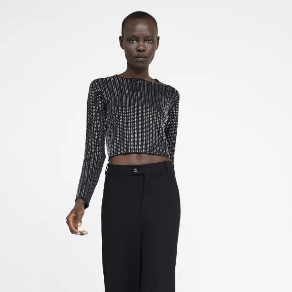 Zara Black Knit Shiny Gem Embellished Long Sleeve Crop Top Size S